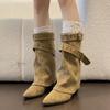 Sheepskin Version! Spice Girls Pants Short Boots Women's Coarse Heel Maillard Medium Boots Temperament Pointed Skinny Knight Martin Boots