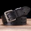 Men's Leather Double Prong Belt Classic Double Row Hole Belt Universal Hollowed Out Belt Jeans Men Waistband Belts for Men