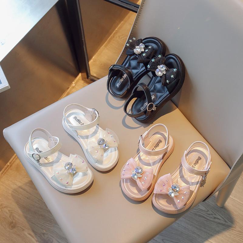Girls Rhinestone Mesh Bow Simple Korean Children's Sandals New Summer 2024 Solid Color Versatile Kids Performance Shoes Fashion