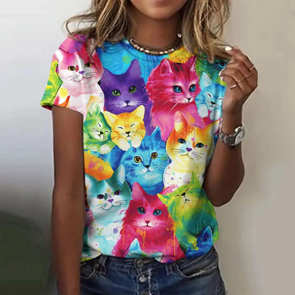 Summer Round Neck Cartoon Cat Pattern 3D Print Top Fashionable Casual Short Sleeved Women's T-shirts