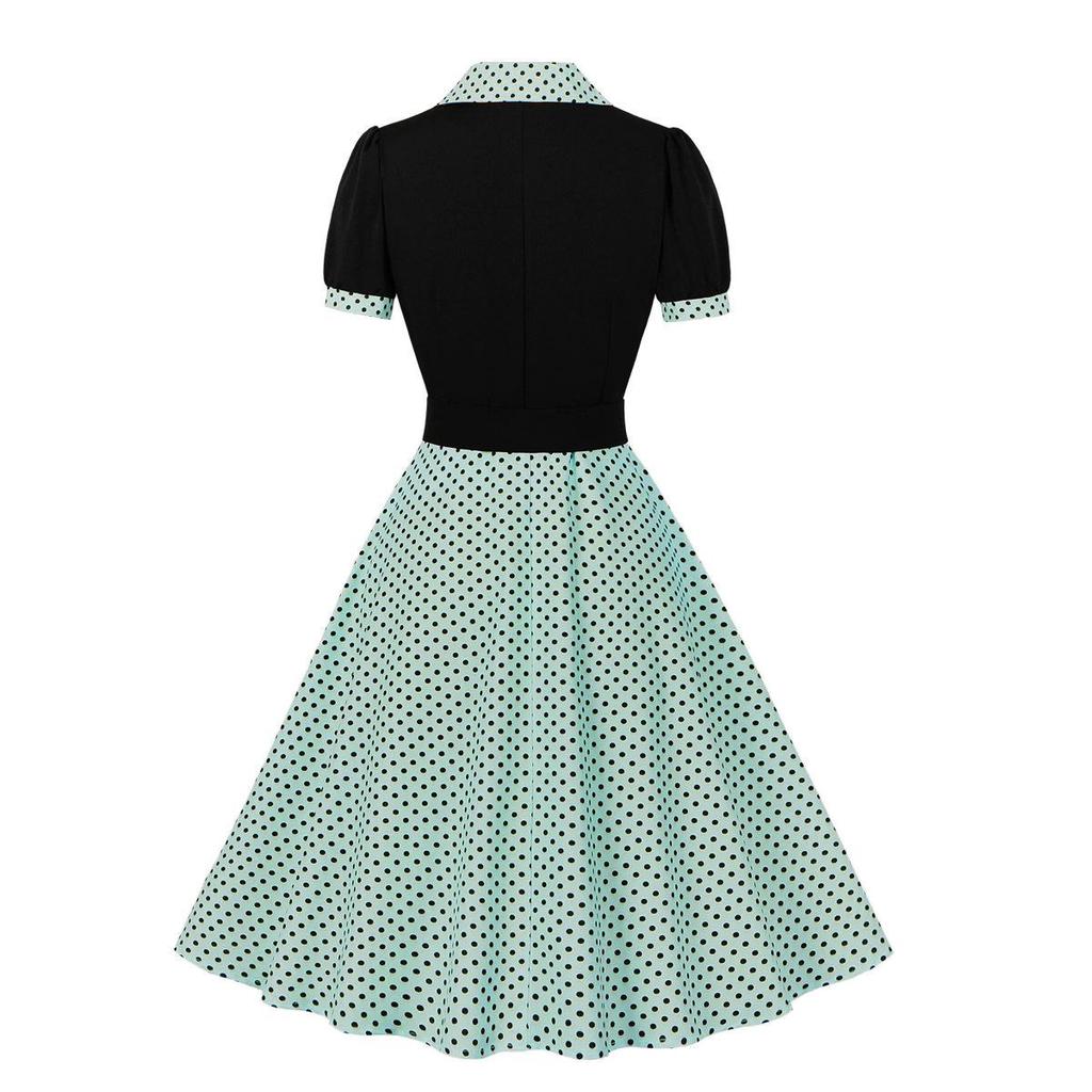 Women's Polka Dot Swing Dresses Lapel Buttons High Waist Belt Slim Fit Short Sleeves Summer Dress Office Work Casual Wear Vintage Outfit