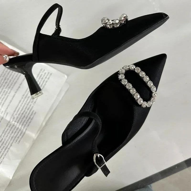 Fashion Luxury Rhinestone Buckle Mules Sandals Women Pointed Elegant High Heel Slingback Shoes Fashion Designer Slippers Female Pumps