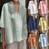 2025 Spring/Summer European-American V-Neck Cotton-Linen Solid Color Loose Mid-Sleeve Women's Shirt