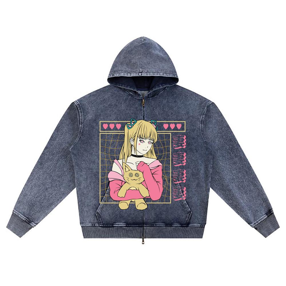 DTG Print Knitted Denim Zip-Up Hoodie Anime Streetwear 23 Brother Print Zipper Hoodies  