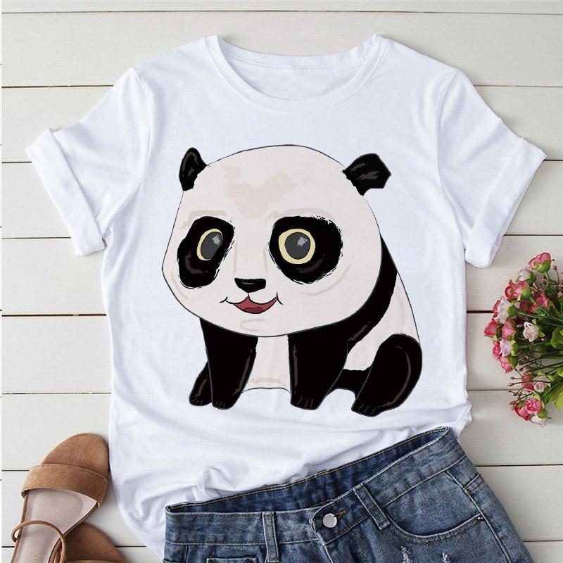 Aesthetics Cute Panda Print Women Basic Tees Cartoon Top O-Neck Simple Tee Short Sleeve T-Shirt Ladies Tees Graphic White Tshirt