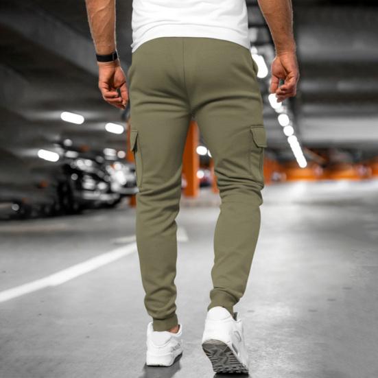Men Winter Sweatpants Drawstring Waist Fleece-Lined Jogger Pants with Multiple Pockets Solid Color Thick Cargo Pants for Work Street Wear