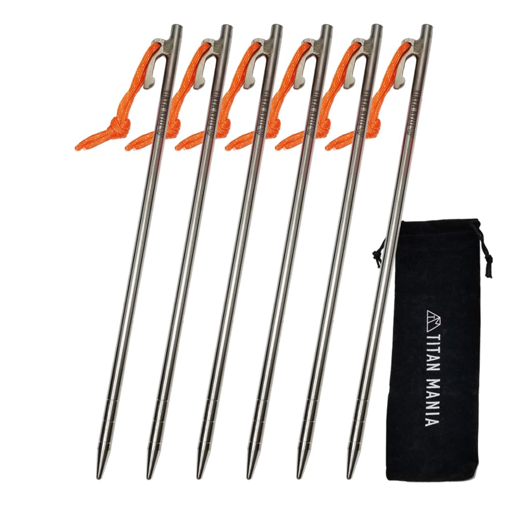 TITAN MANIA Titanium Lightweight and Set of Tent Pitching Solo Outdoor Camping Storage Bag Included Pegs, Strong, 20cm, 6, Pegs, Stakes, Solid, Tools,