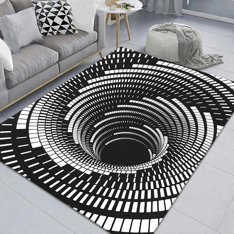 Trap Effect Vortex Illusion Rug Bottomless Hole Carpet Geometric Black White Grid Bedroom Living Room Anti Slip Floor Mats