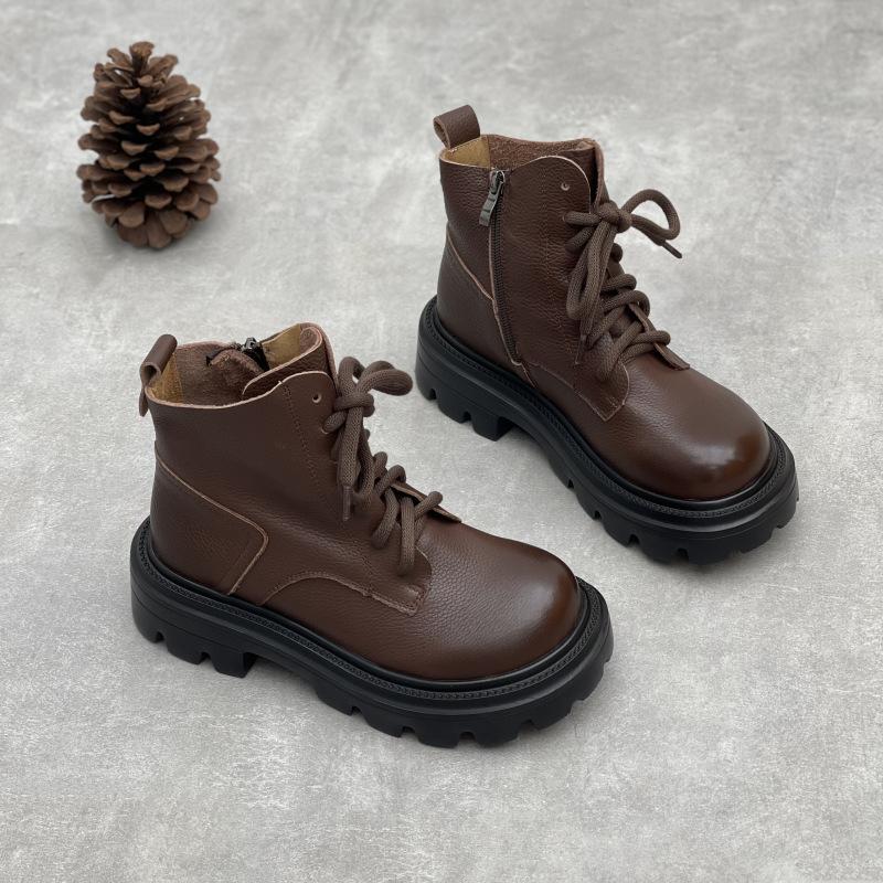 Johnature British Style Genuine Leather Thick Soled Short Boots Versatile Women's Shoes