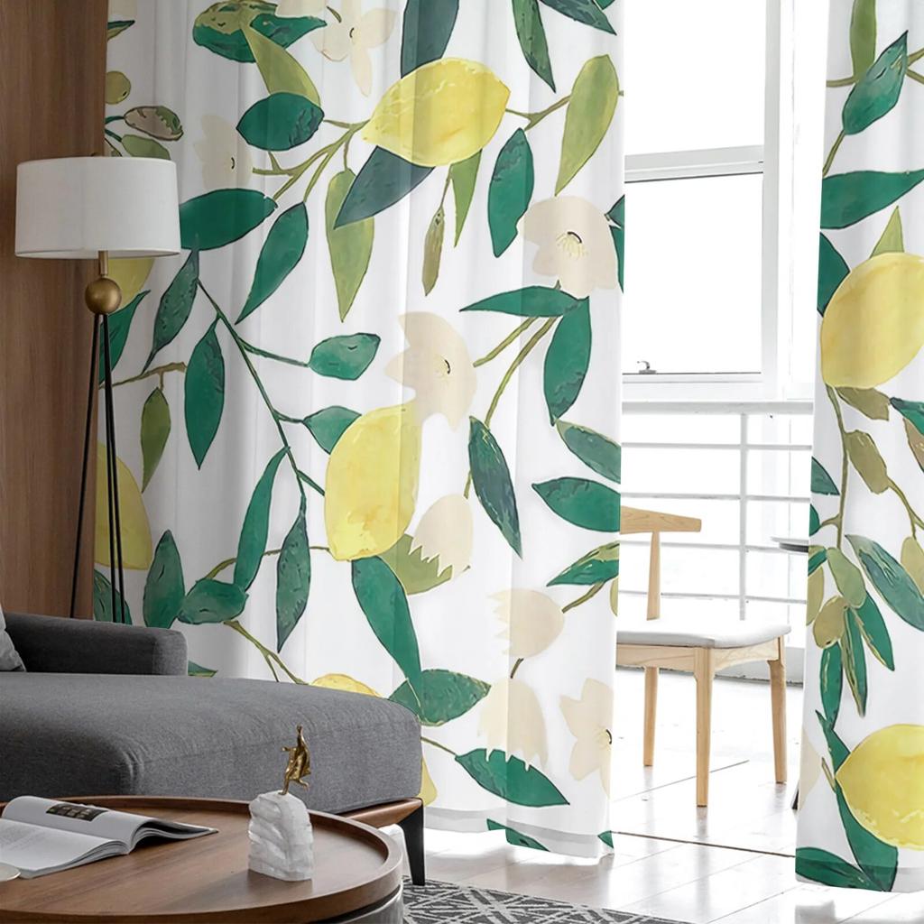 Lemon Foliage Flowers Yellow Gradient Bedroom Transparent Sheer Curtains Holiday Decoration Window Voile Tulle Curtain