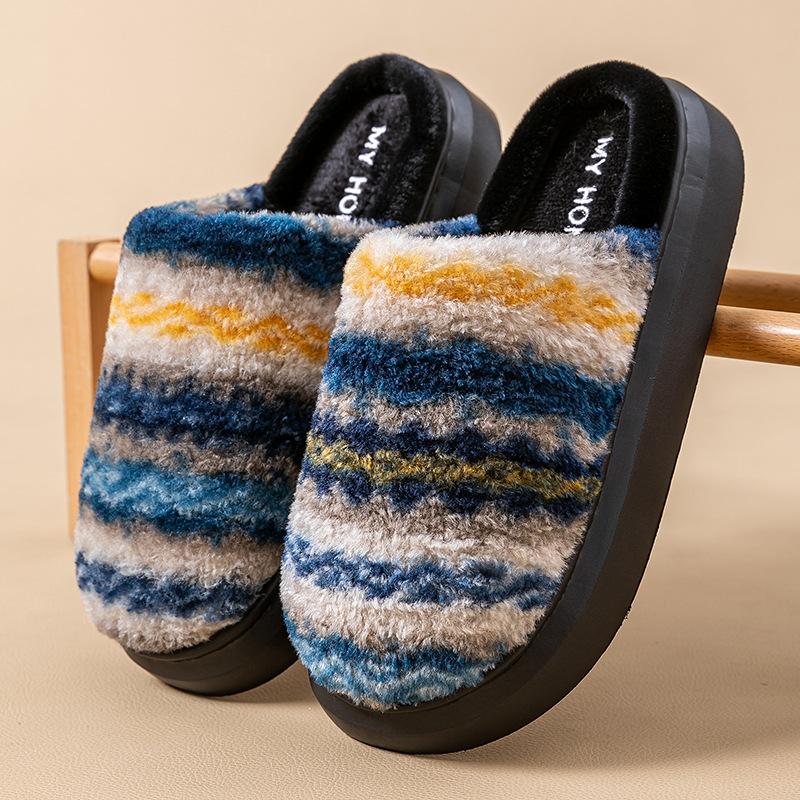 Thick-bottomed Cotton Slippers Autumn and Winter Indoor Home Fleece Warm Couple Three-color Splicing Plush Slippers