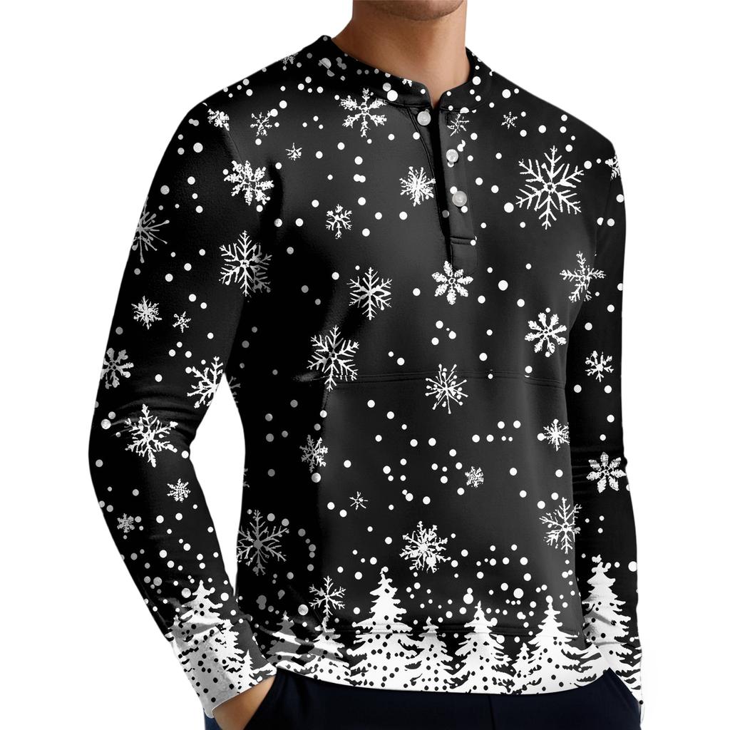 Men's Casual Button-Down Sweatshirt Fashion Printed Long Sleeve Shirt Pullover