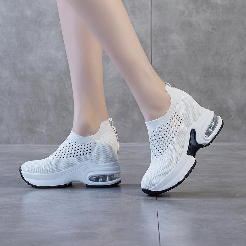 Inner Heightening Platform Women's Shoes 2025 Autumn New Lightweight Breathable Fly-woven Shoes Running Shoes Air Cushion Sports and Leisure Women's