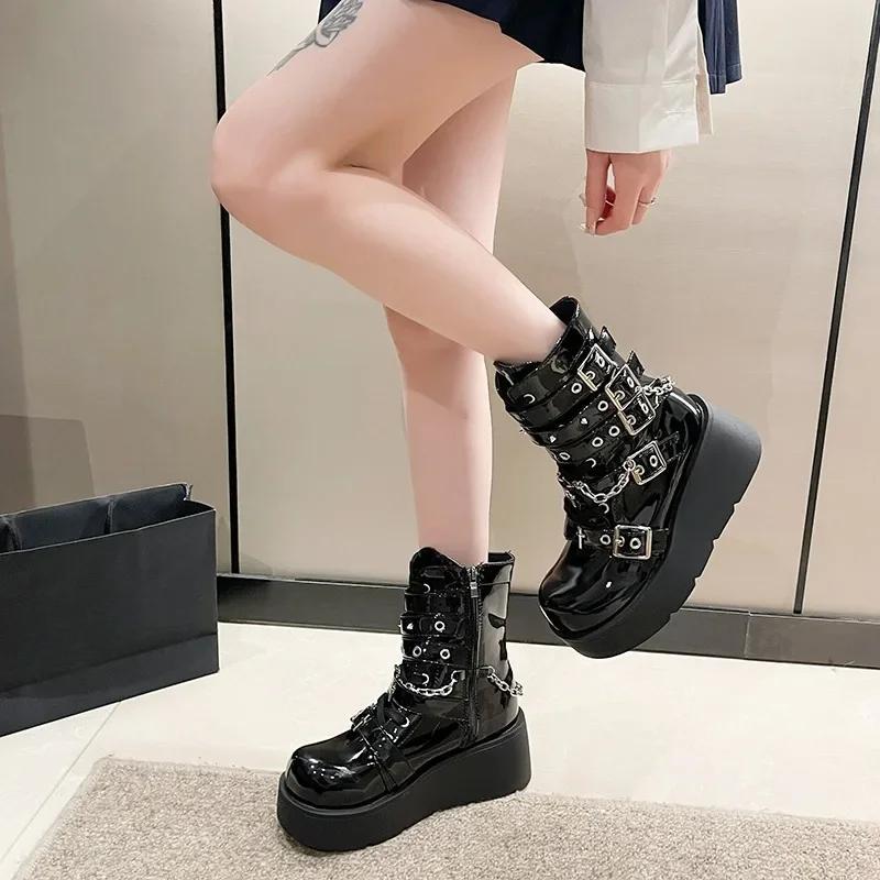 Fashion Big Size 40 Black Gothic Motorcycle Boots Zip High Heel Punk Rivets Chunky Platform Mid-Calf Women Boots Shoes Women