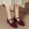 New Mary Jane Shoes with T Word Women's Suede Evening Breeze Temperament Square Head Single Shoes Thick Heel, Ankola Red Retro