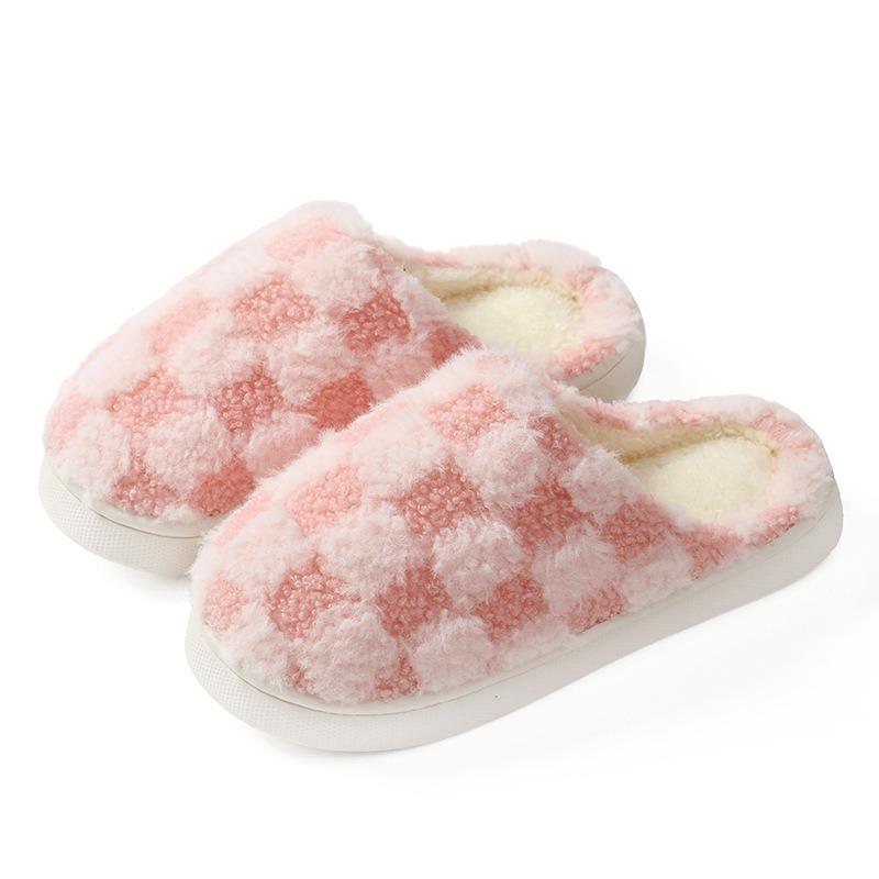 Couple Cotton Slippers Thick-bottomed Plaid Autumn and Winter Cute Flat-bottomed Slippers Winter Velvet Confinement Warm Cotton Shoes Women