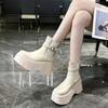 High Platform Ankle Boots Women Chunky Heel Chelsea Boots PU Leather Back Zip Belt Buckle Design Black Short Boots Botas Mujer