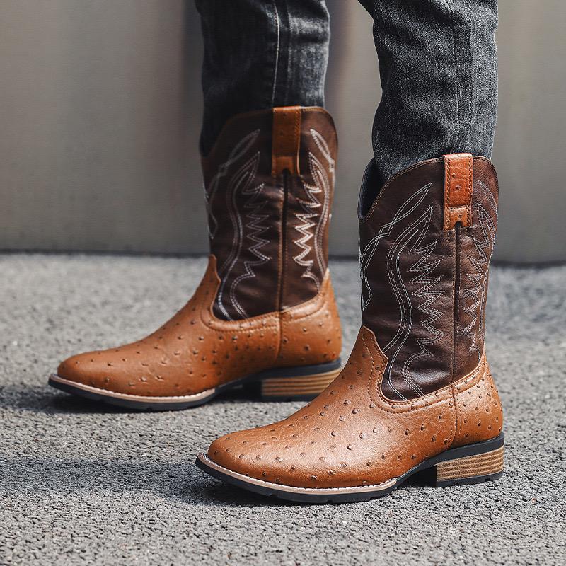 New Boots for Men Classic Embroidery Mid-Calf Leather Boots Retro Western Cowboy Boot Casual High Top Boots Men's Knight Booties