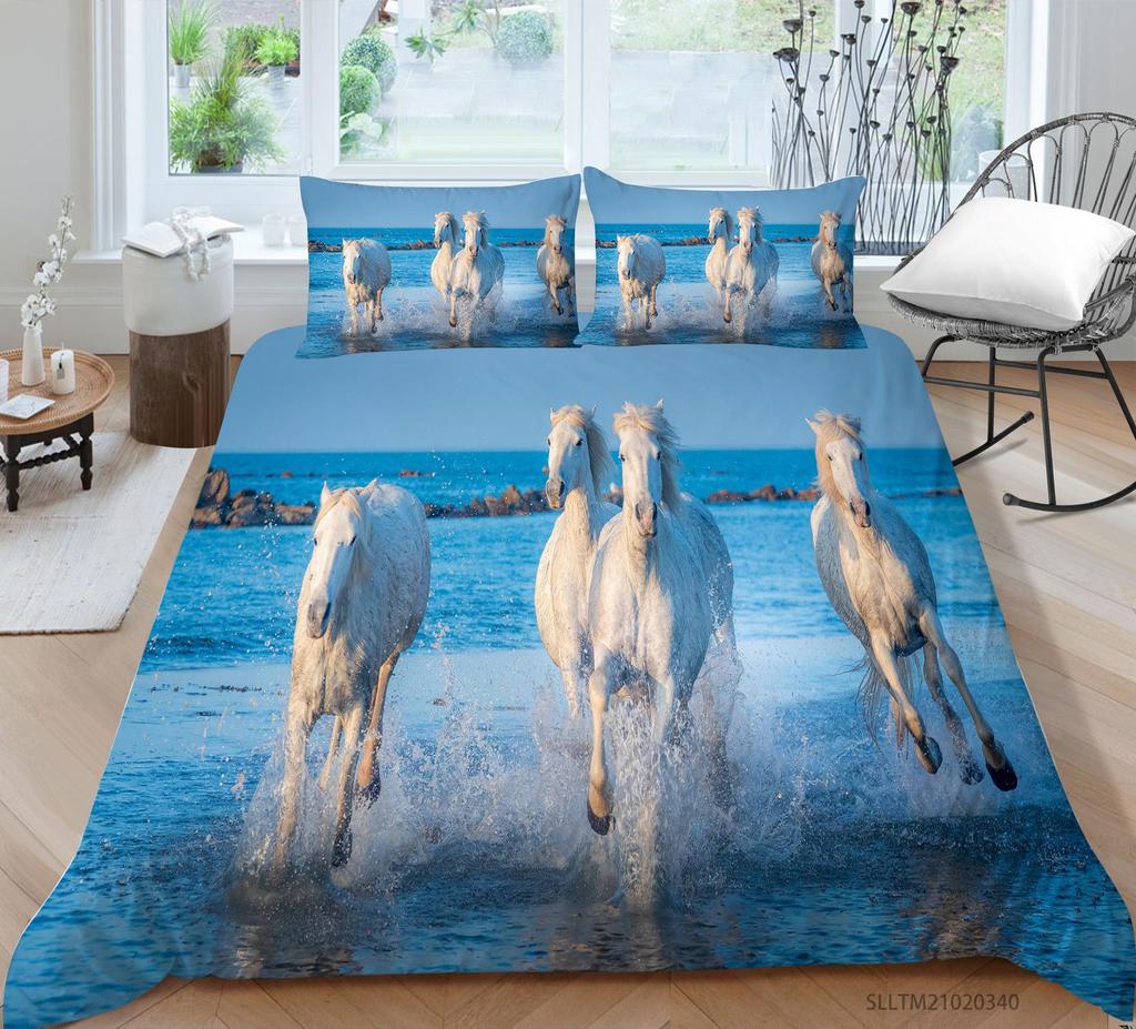 3D Horse Pattern Bedding Single Double Bed Full Size Animal Print Pillowcase and Quilt Cover Microfiber Washable Home Decoration