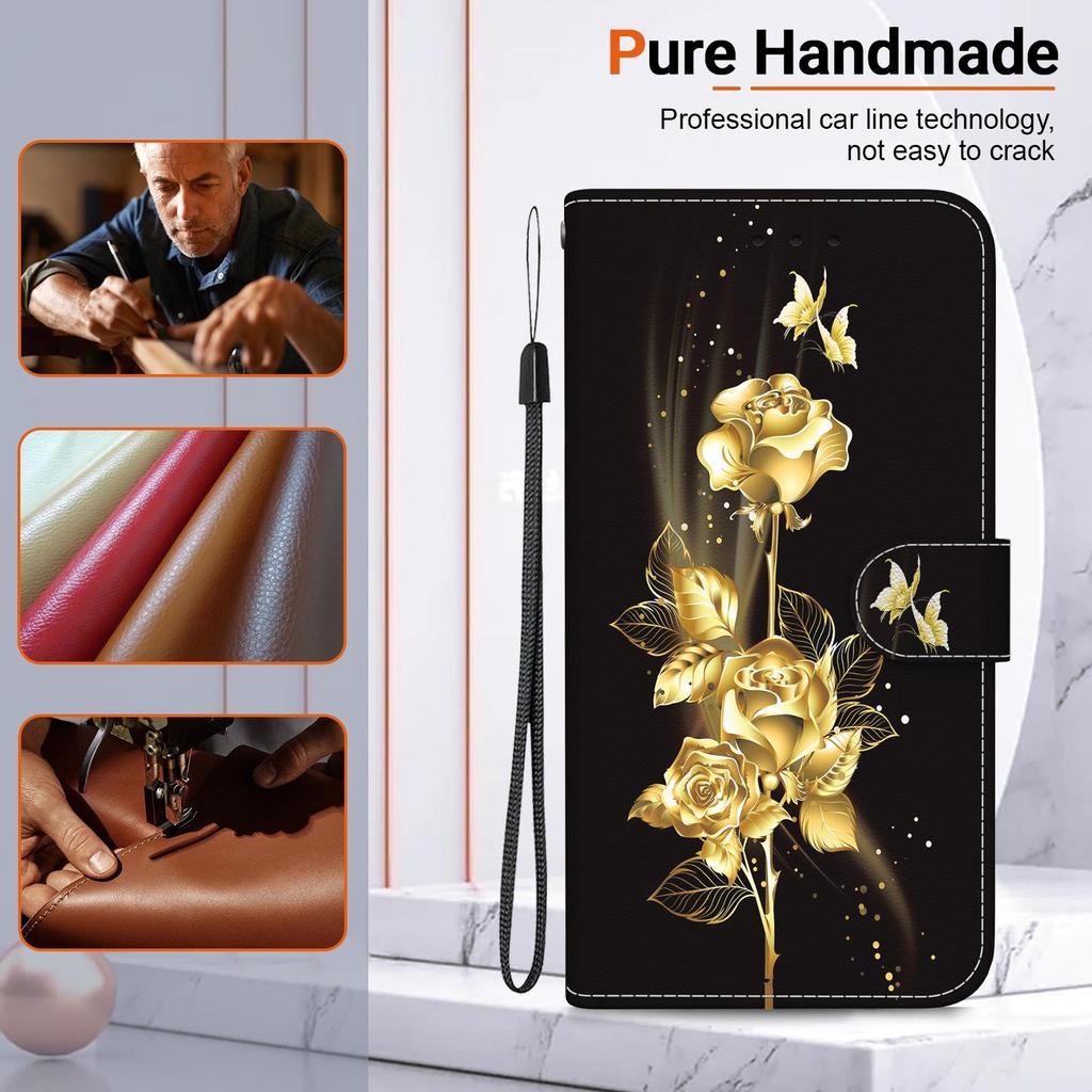 3D Abstract Art Painting Black Gold Rose Flower Leather Phone Wallet Case Book Stand For iPhone Girls Magnetic Card Flip Cover Bag AVE