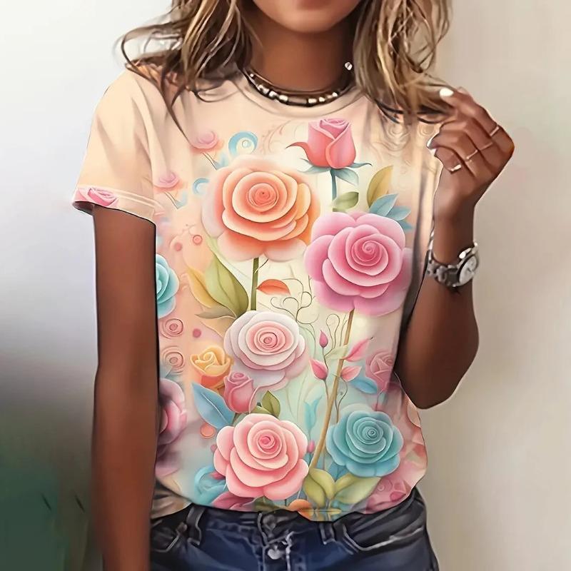Summer Fashion Flower Rose 3D Print T-shirts Women Streetwear Casual Short Sleeve T Shirt O-neck Tees Tshirt