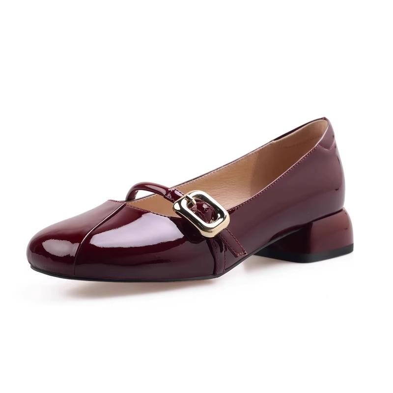 Hot Sale Patent Leather Marry Janes Shoes Women Round Toe Buckle Strap Shallow Mid Thick Heeled Shoe Office Career Pumps