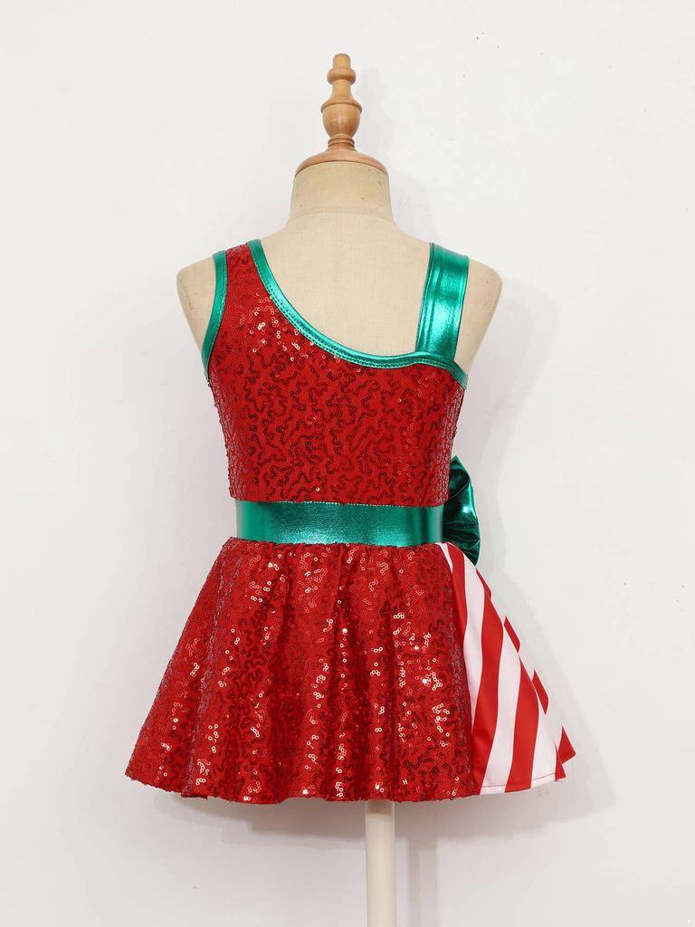 Girls Christmas Shiny Sequin Sleeveless Dress Ballet Dance Leotard Dress Christmas Party Performance Costume