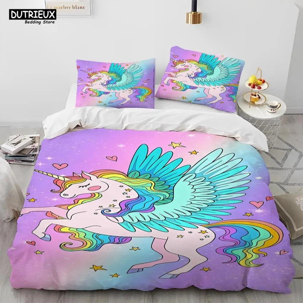 Unicorn Cute Cartoon Comforter Bedding Set,Duvet Cover Bed Set Quilt Cover Pillowcase,Queen Bedding Set