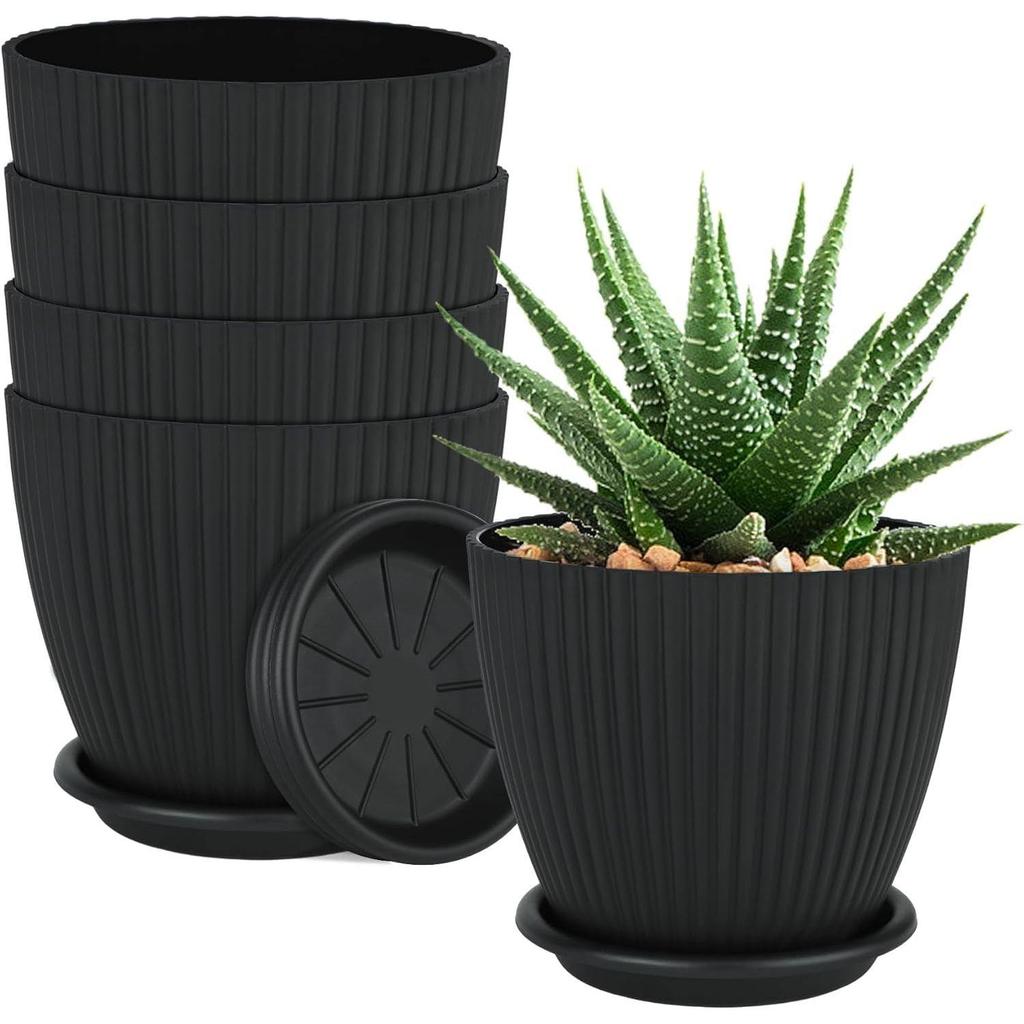Plastic Round Flower Pots with Tray for Home Planters, Terrace, Garden Etc | Pack of 05 | Black | Size 6.5 Inch