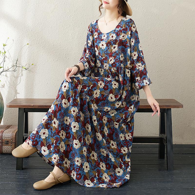 Round Neck Long Sleeve Bohemian Clothing Retro Autumn Cotton Linen Dresses Vintage Casual Floral Printed Long Dress for Women