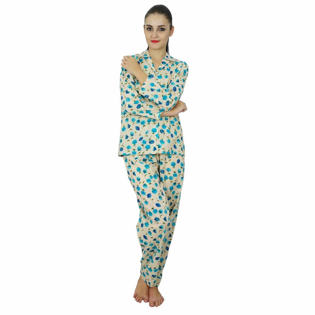 Bimba Women 2 Piece Pajama Set Cotton Night Wear Floral Print Long Sleeve