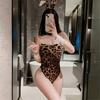 Sexy Wild Fantasy Leopard Strapless Teddy Rabbit Cosplay Bodysuit with Bunny Ears Lingerie Set Fancy Erotic Costume