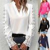 Women's White V-Neck Long Sleeve Blouse with Lace Detail, Elegant Casual Top