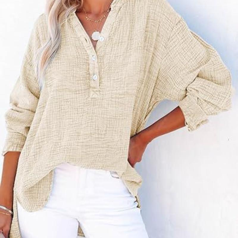 Spring and Autumn Pleated Button Long Sleeved Solid Color Top Women's Shirt Loose Pure Cotton Pullover