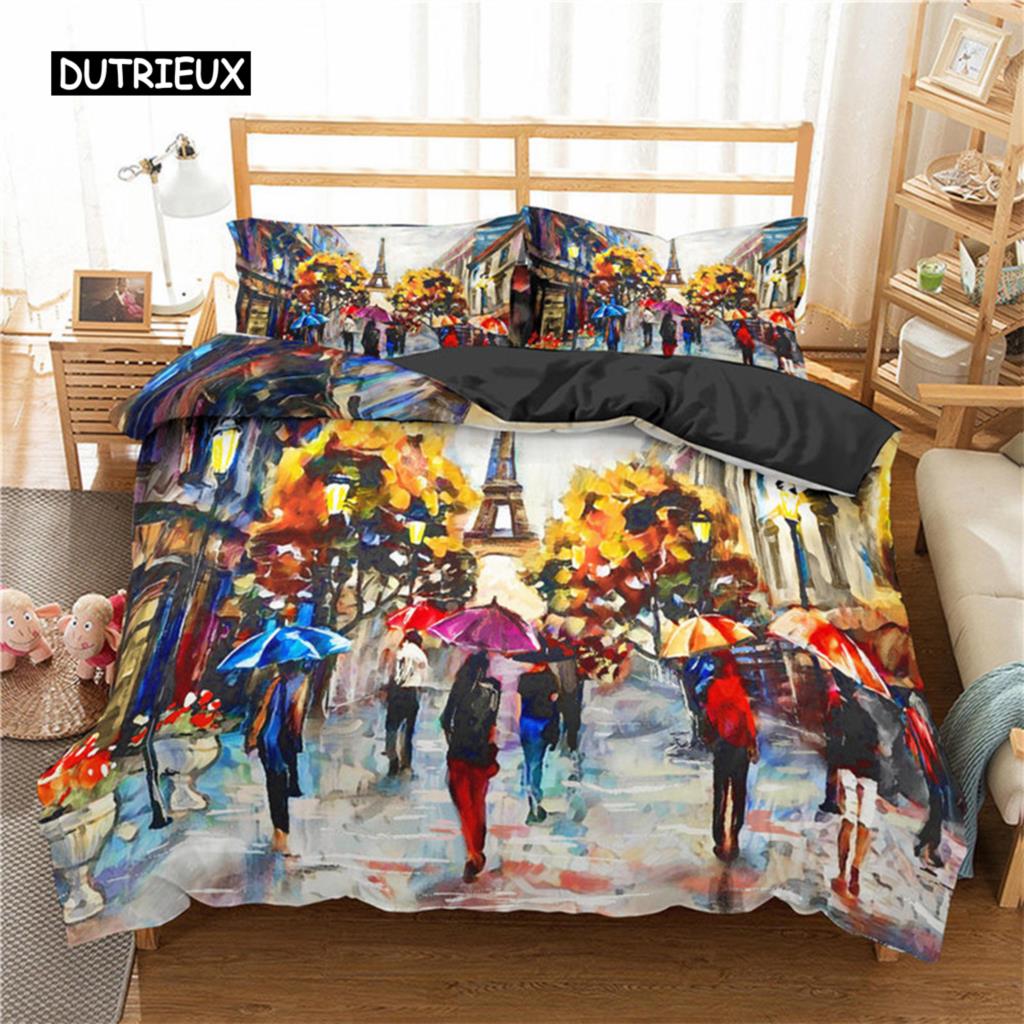 Duvet Cover Eiffel Tower Romantic Couple Flower King Comforter Cover Microfiber France Paris Cityscape Bedding Set for Teen