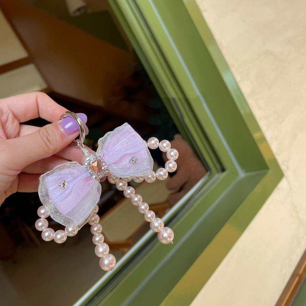 Handmade Jewelry Bag Pendant Fashion Simple Pearls Bowknot Keychain Delicate Bag Charm Ornament for Daily Use