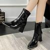Autumn Winter Ankle Boots Women New Front Zipper Decoration Shoes Pantent Leather Square Toe Solid Thick High Heel Short Boots