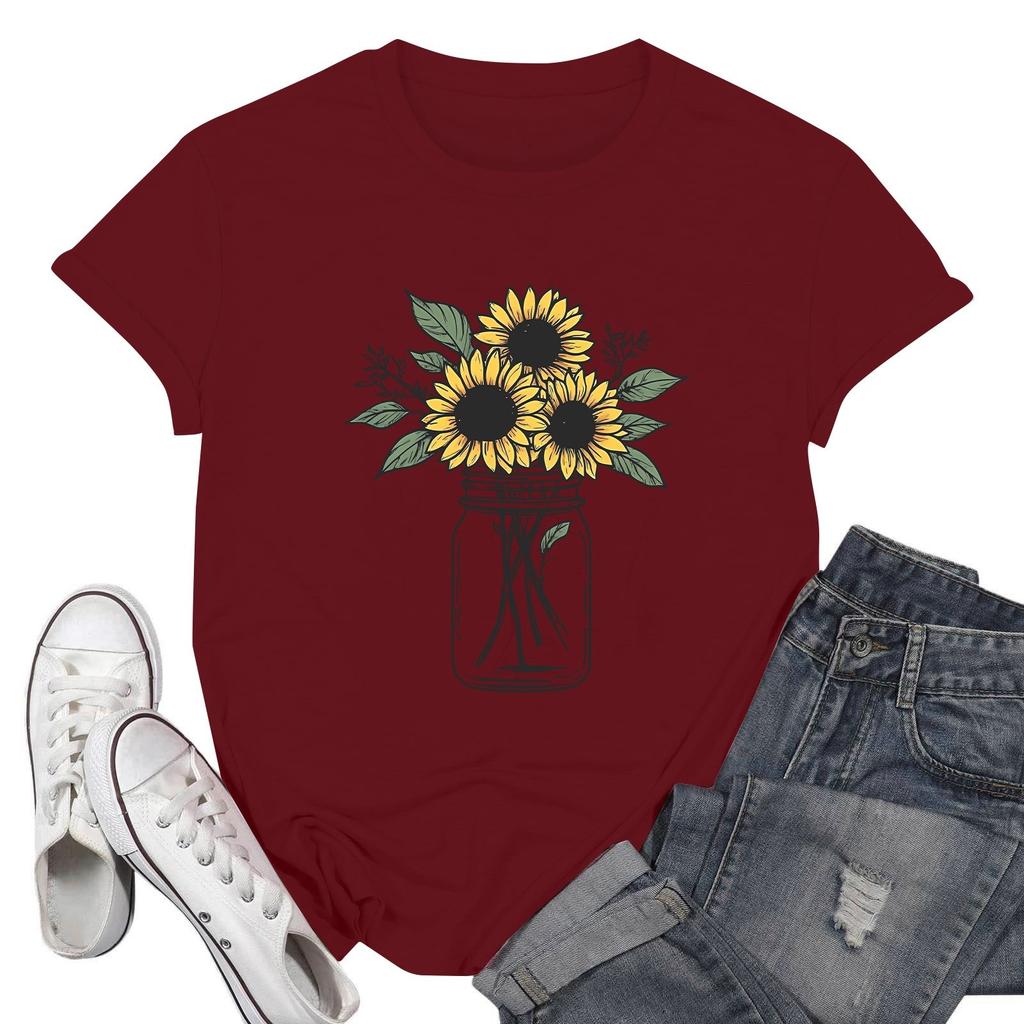 Women's Fashion Casual Printed Short Sleeve Round Neck Pullover Tops