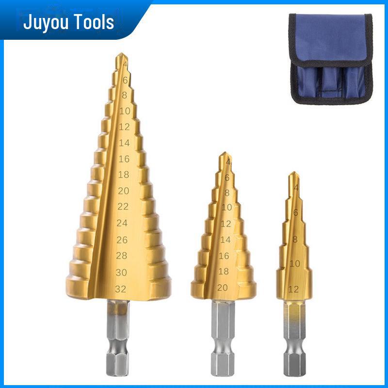High-speed Steel Titanium-plated Step Drill Set for Hole Enlargement, with Hexagonal Shank and Pagoda Design.