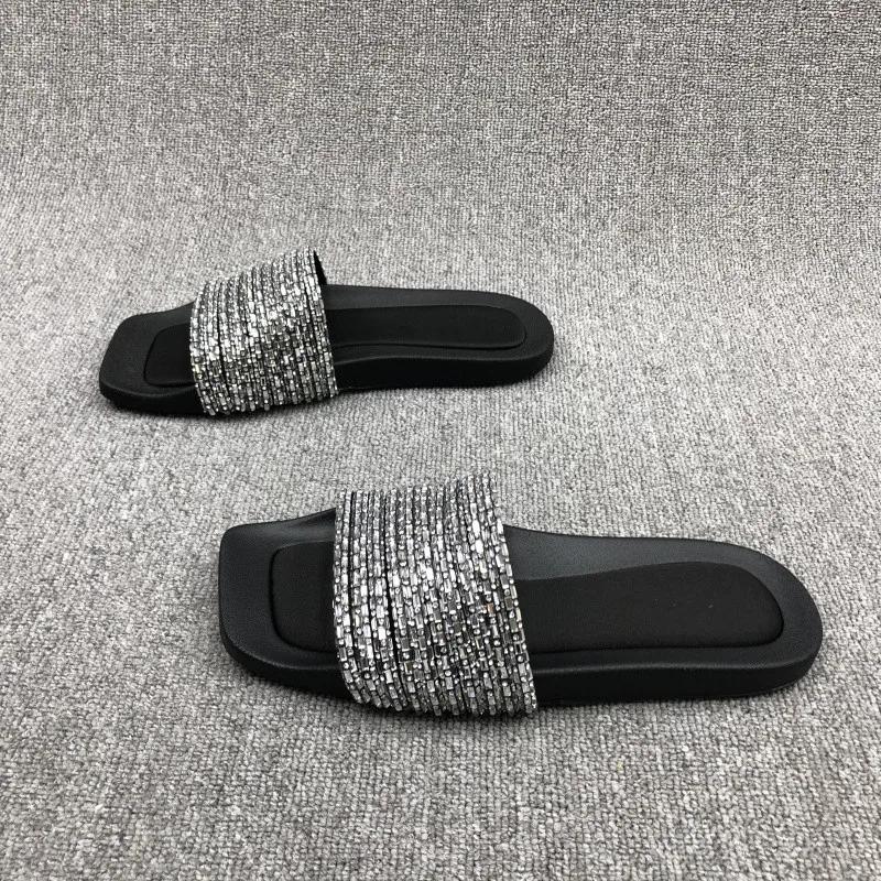 Fashion 2024 Summer Fashion New Sexy Casual Outerwear Solid Color Crystal Flat Slippers Comfortable Sandals