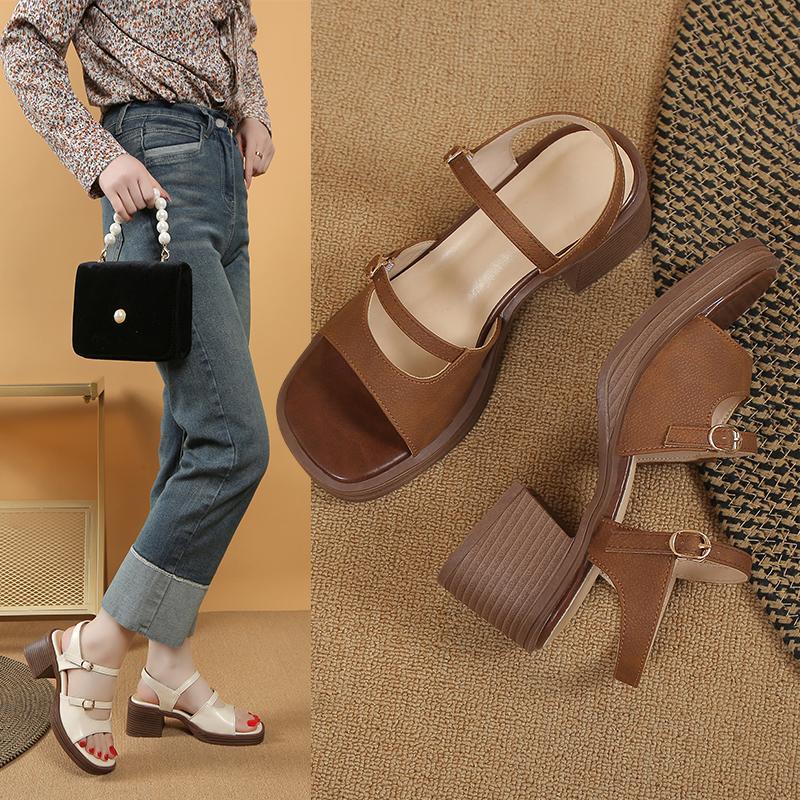 Fashion 2024 New Retro Genuine Leather Women's Sandals Square High Heels Office Platform Buckle Shoes