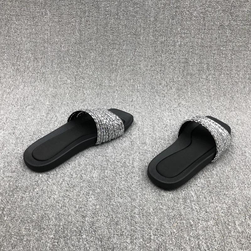 Fashion 2024 Summer Fashion New Sexy Casual Outerwear Solid Color Crystal Flat Slippers Comfortable Sandals