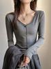Premium Rolled-Edge V-Neck Slimming Long Sleeve Top for Women - Autumn/Winter