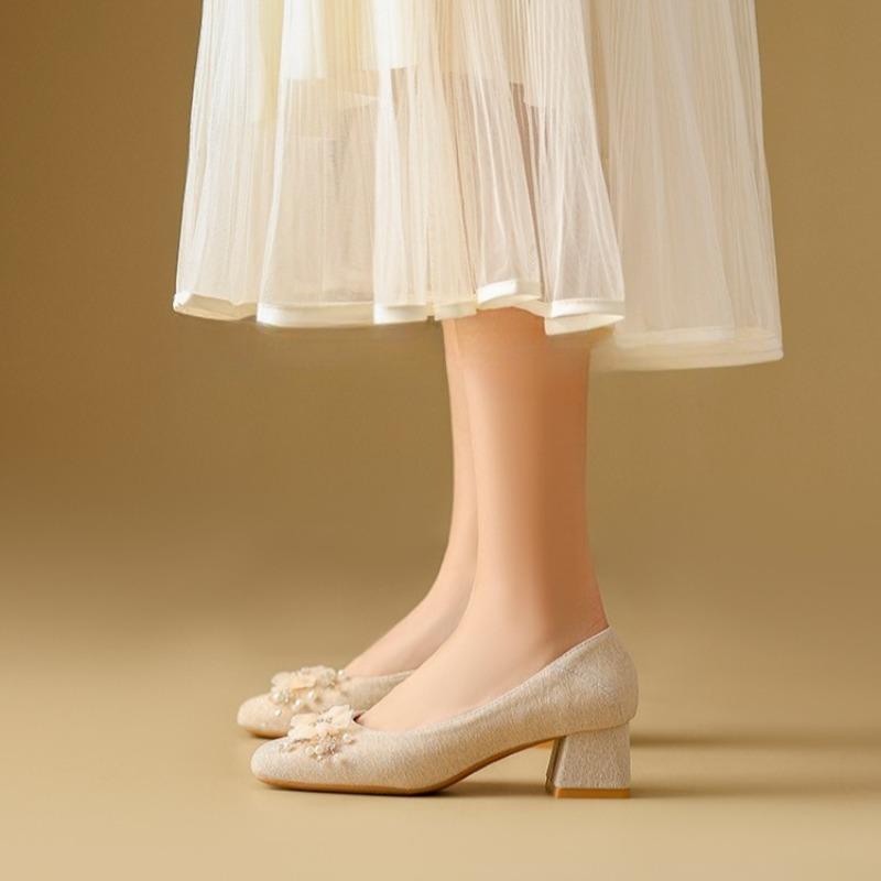 Fashion Fashion Flower High-heeled Single Shoes Autumn New Square Toe Shallow Cuff Foot Non-slip Wear-resistant Block Heel Shoes