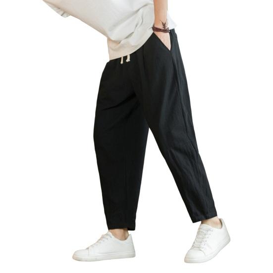 Men Ninth Pants Loose Straight Drawstring Elastic Waist Pockets Plus Size Solid Color Breathable Soft Ankle Length Casual Sweatpants