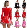 Womens Maid Cosplay Uniform Long Sleeve Patent Leather Carnival Party Dress Halloween Costume