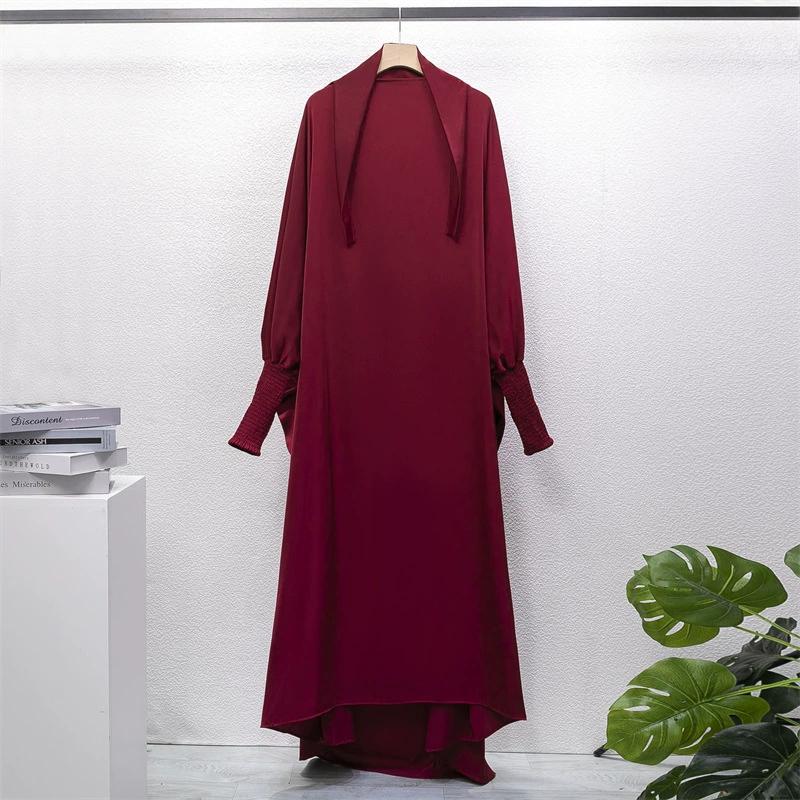 Muslim Abaya One-piece Prayer Dress Hooded Smocking Sleeve Women Jilbab Islamic Clothing Dubai Saudi Black Robe Turkish Modesty