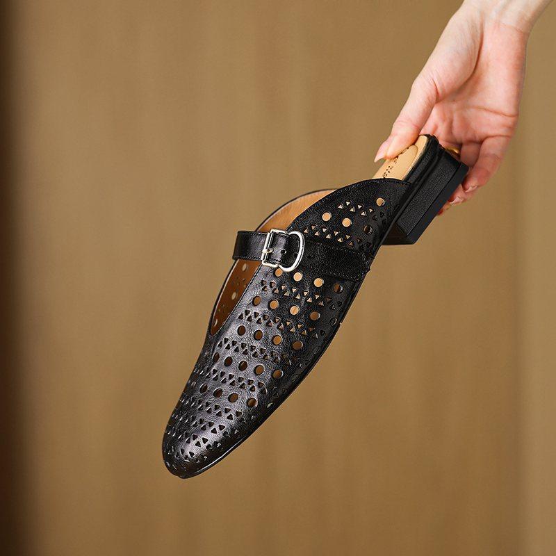 Krazing Pot Sheepskin Summer Size 40 Low Heels Women Round Toe Hollow Decoration Summer Shallow Sandals