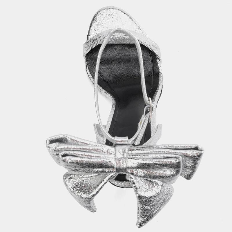 Fashion Elegant Bow Embellished Branded Heeled Sandals Women Silver Ankle Buckle Designer Shoes Luxury Wedding Bridal Shoe Zapatos Mujer
