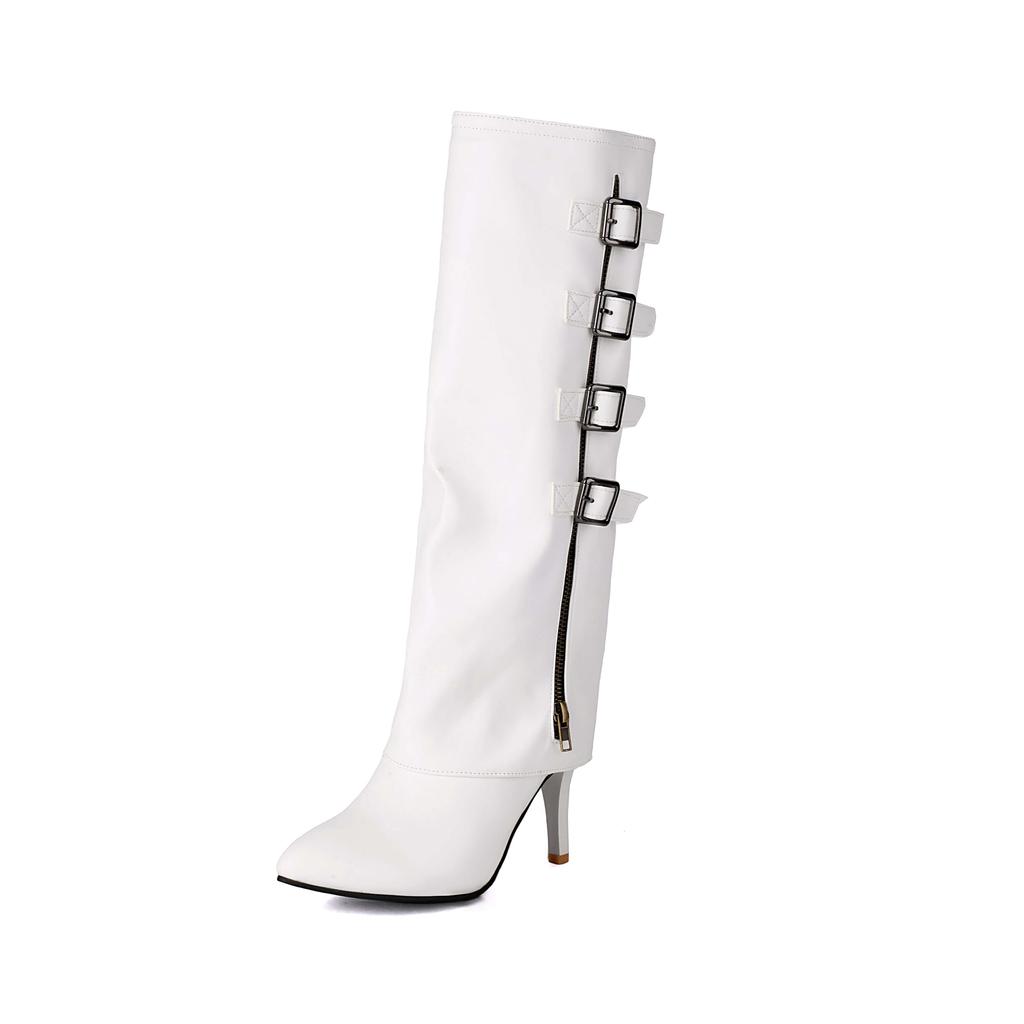 lenkisen PU Autumn Winter Shoes Pointed Toe Stiletto Thin High Heels Metal Square Buckle Keep Warm Fashion Knee Boots
